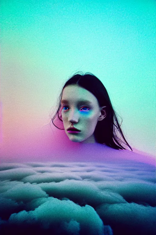 Image similar to high quality pastel coloured film close up wide angle photograph of a model wearing clothing swimming on cloud furniture in a icelandic black rock!! environment in a partially haze filled dreamstate world. three point light, rainbow. photographic production. art directed. pastel colours. volumetric clouds. pastel gradient overlay. waves glitch artefacts. extreme facial clarity. 8 k. filmic.