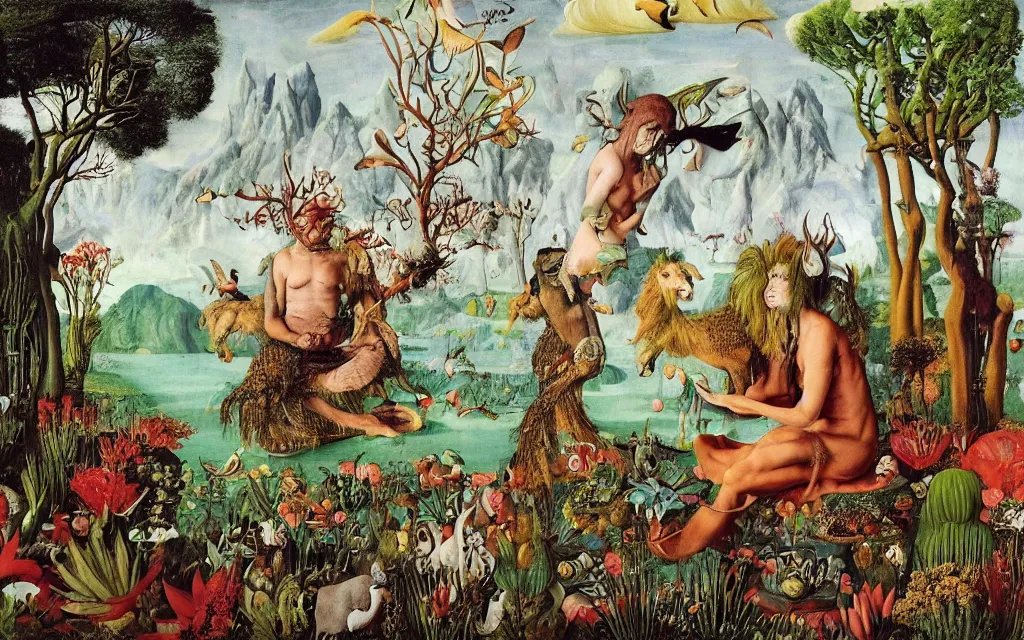 Image similar to a photograph of a meditating centaur shaman and a harpy mermaid feeding animals. surrounded by bulbous flowers, animals and a few trees. river delta with mountains and cliffs under a blue sky full of burning stars and birds. painted by jan van eyck, max ernst, ernst haeckel, ernst fuchs and artgerm. trending on artstation