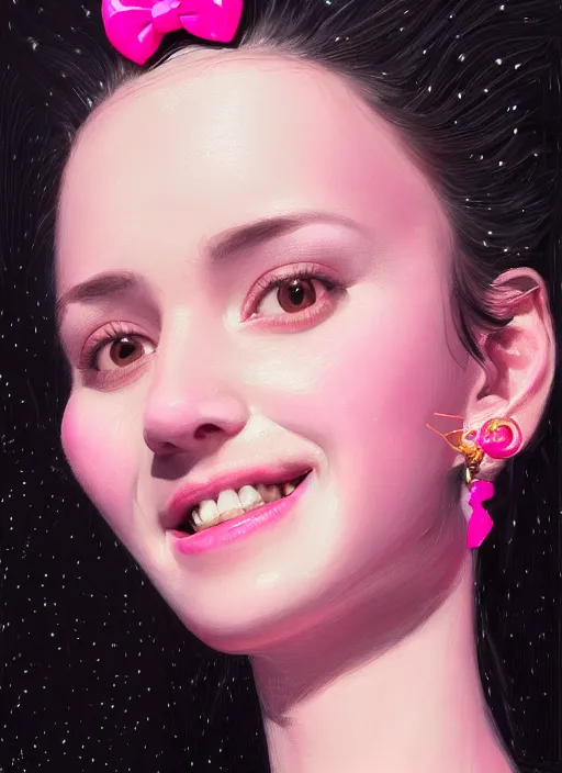 Image similar to portrait of high school girl, realistic, black hair, bangs, half updo hairstyle, pointy nose, skinny, smile, ugly, defined jawline, big chin, pink hair bow, earrings, intricate, elegant, glowing lights, highly detailed, digital painting, artstation, sharp focus, illustration, art by wlop, mars ravelo and greg rutkowski