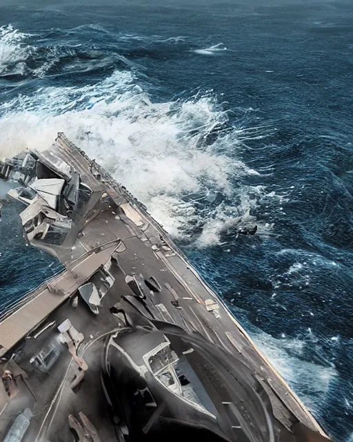 Prompt: view from an aircraft carrier of stormy seas, stormy weather, unreal engine, hyper realism, realistic shading, cinematic composition, realistic render, octane render, detailed textures, photorealistic, ultrawide shot