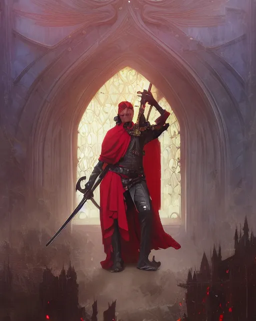 Image similar to A Full View of a Red Wizard with a sword and staff, surrounded by energy in front of a gothic tower. masterpiece 4k digital illustration by Ruan Jia and Mandy Jurgens and Artgerm and greg rutkowski and Alexander Tsaruk and WLOP and william-adolphe bouguereau, award winning, Artstation, art nouveau aesthetic, Alphonse Mucha background, intricate details, realistic, panoramic view, Hyperdetailed, 8k resolution, intricate art nouveau