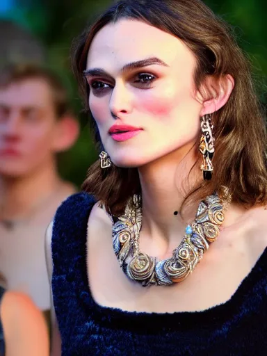Prompt: a photograph of Keira Knightley wearing a necklace of seashells from the stage production of The Tempest taken with Nikon D3500