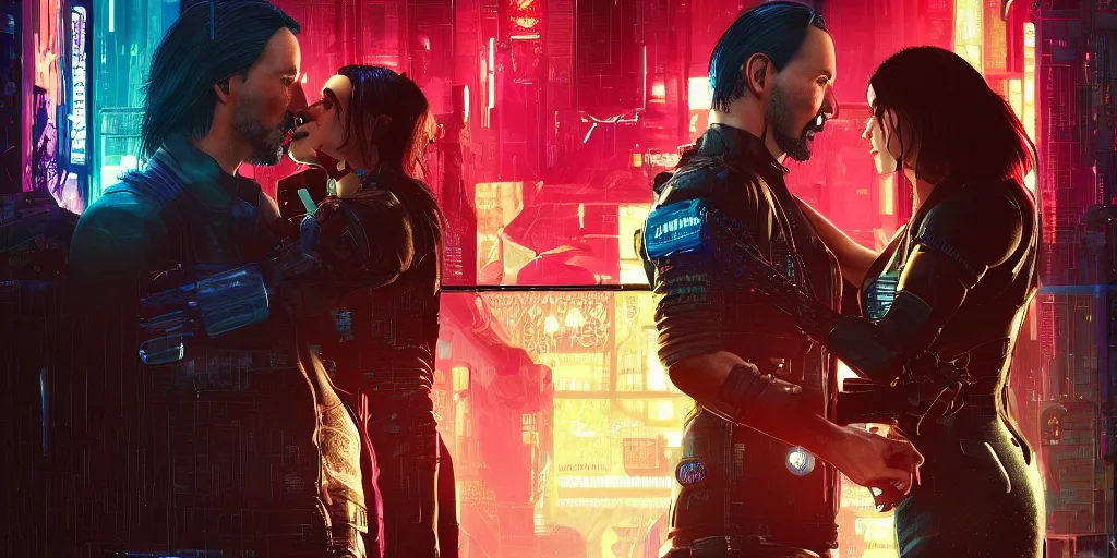 Image similar to a cyberpunk 2077 srcreenshot couple portrait of Keanu Reeves and V final kiss,love,film lighting,by Laurie Greasley,Lawrence Alma-Tadema,Andrei Riabovitchev,Dan Mumford,John Wick,Speed,Replicas,artstation,deviantart,FAN ART,full of color,Digital painting,face enhance,highly detailed,8K,octane,golden ratio,cinematic lighting