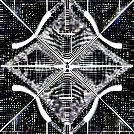 Image similar to a black and white drawing of a geometric lattice international space station made of chrome and filled with equipment, a microscopic photo by ernst haeckel, zbrush central, kinetic pointillism, intricate patterns, biolumiescence, photoillustration