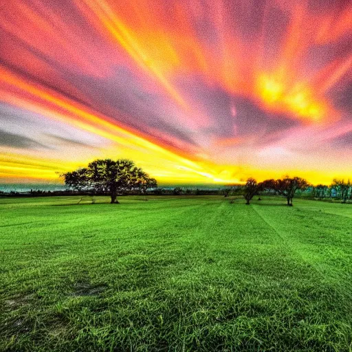 Prompt: a wide angle shot of a green field, orange spirits rising into the sky