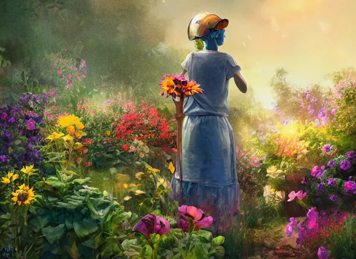 Image similar to a woman with a miner ’ s lamp on her head tending her garden at midnight, digital art, cgsociety, night like colours, garden full of flowers