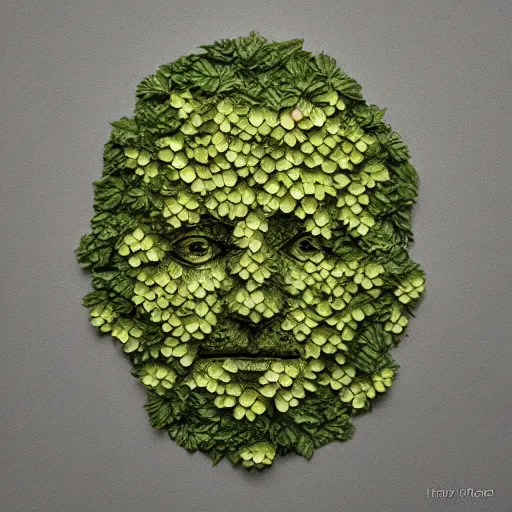 Prompt: portrait of anthony hopkins made from blooming hop flower, his face is made from hop, detailed plant portrait, ambient light