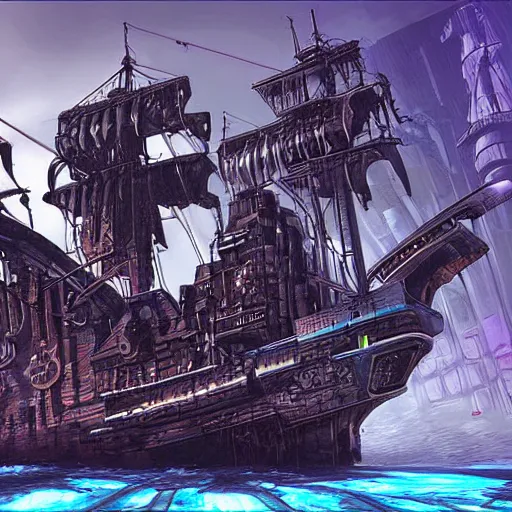 Image similar to an epic looking cyberpunk pirate ship, highly detailed digital art