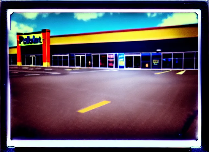 Prompt: polaroid photograph of an empty blockbuster store parking lot, liminal space, familiar place, mannequins, black mold, amateur, unreal engine, photorealistic, trending on artstation