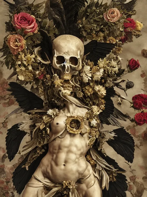 Prompt: a falling icarus with black wings in the form of a Greek sculpture with a mask in the form of golden elk skull and wreath of flowers, roses in hands, dressed in a flower dress, lie on a golden stone, silk, fabric, birds, flowers. baroque elements, human skull. full-length view. baroque element. intricate artwork by caravaggio. many many birds birds on background. Trending on artstation. halo. octane render, cinematic, hyper realism, octane render, 8k, depth of field, bokeh. iridescent accents. vibrant. teal and gold and red colour scheme