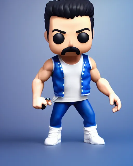 Prompt: 3 d render of freddie mercury, white sleeveless tank top blue jeans as a funko pop!, four, studio lighting, white background, single body, no shadow, blender, trending on artstation, 8 k, highly detailed