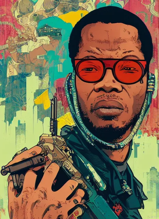 Prompt: chidi igwe. cyberpunk mercenary portrait illustration, pop art, splash painting, art by geof darrow, ashley wood, alphonse mucha, makoto shinkai