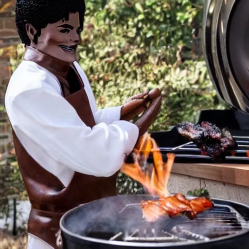 Image similar to a wooden sculpture of michael jackson cooking a bbq