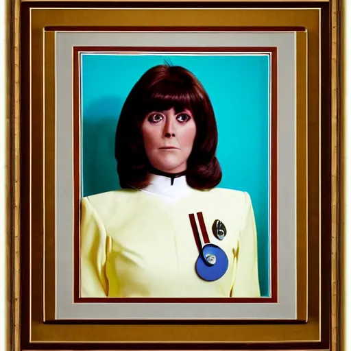 Image similar to a full body photograph of 1 9 7 0 s doctor who elisabeth sladen as a star fleet science officer from star trek next generation, full dress uniform, symmetrical face, extreme realism and detail, 8 k, completely framed, direct lighting, 3 5 mm photo, photorealistic, sharp focus