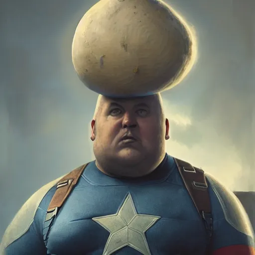 Image similar to hyperrealistic mixed media image of a morbidly obese captain america, stunning 3 d render inspired art by istvan sandorfi and greg rutkowski, perfect facial symmetry, realistic, highly detailed attributes and atmosphere, dim volumetric cinematic lighting, 8 k octane extremely hyper - detailed render, post - processing, masterpiece,