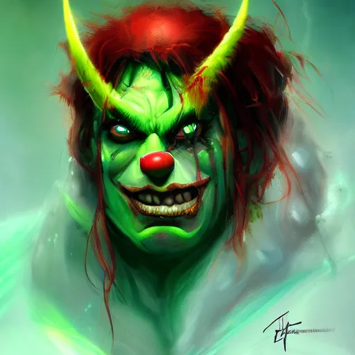 Image similar to illidan stormrage as a clown by jama jurabaev, cinematic shot, brush hard, artstation, cgsociety, high quality, brush stroke