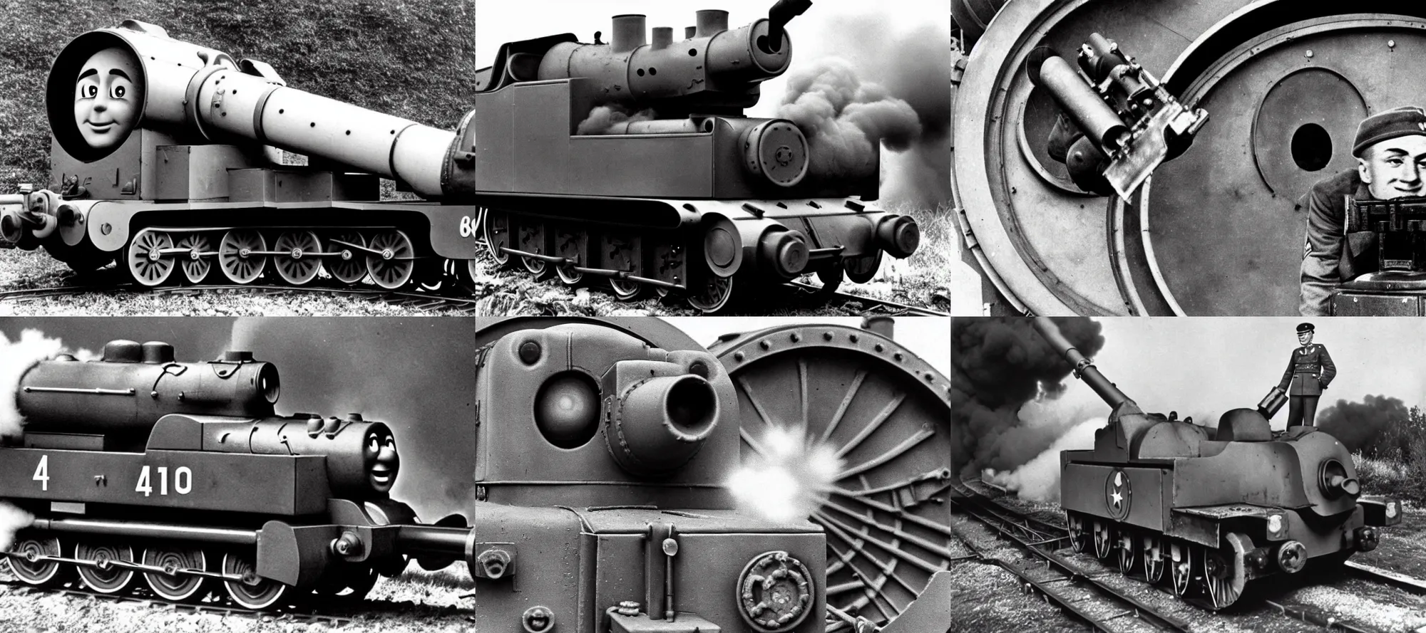 Prompt: WW2 era photograph, the face of Thomas the tank engine on a 800mm German super-heavy-mortar with a huge gun barrel shooting