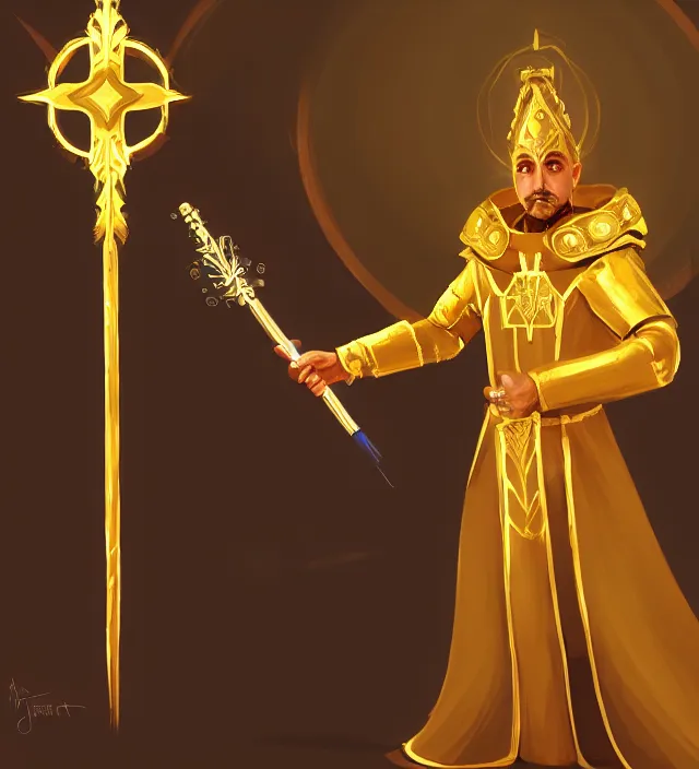 Prompt: a golden priest with a power and a scepter in his hands, digital art, concept art