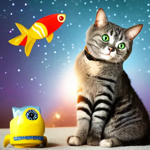 Prompt: a robot cat sitting in a tiny rocket among the stars with a little fish toy in its mouth