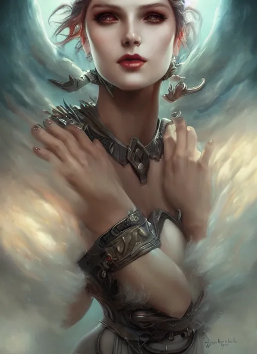 Prompt: a beautiful woman with horns, painted by artgerm and tom bagshaw, fantasy art, dramatic lighting, highly detailed oil painting