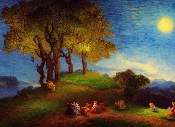 Image similar to romanticism impressionism landscape painting of winnie the pooh characters at night, night time, colorful paper lanterns, string lights, in the style of hudson river school and thomas cole and albert bierstadt and vincent van gogh