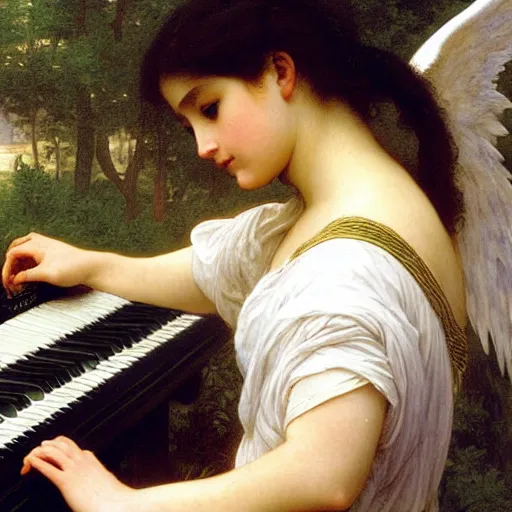 Prompt: an oil painting of an angel playing a Korg keyboard, by Bouguereau, highly detailed and intricate,
