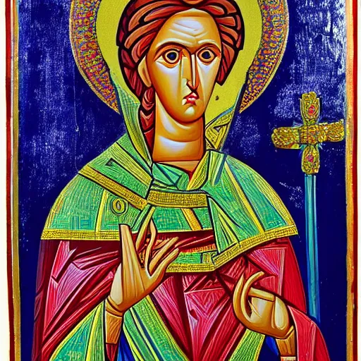 Image similar to A Byzantine icon of Margaret Thatcher, highly detailed, beautiful, colorful, British museum