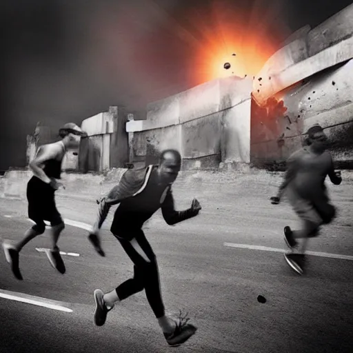 Prompt: “Excited-looking men running from a powerful explosion in a concrete setting”