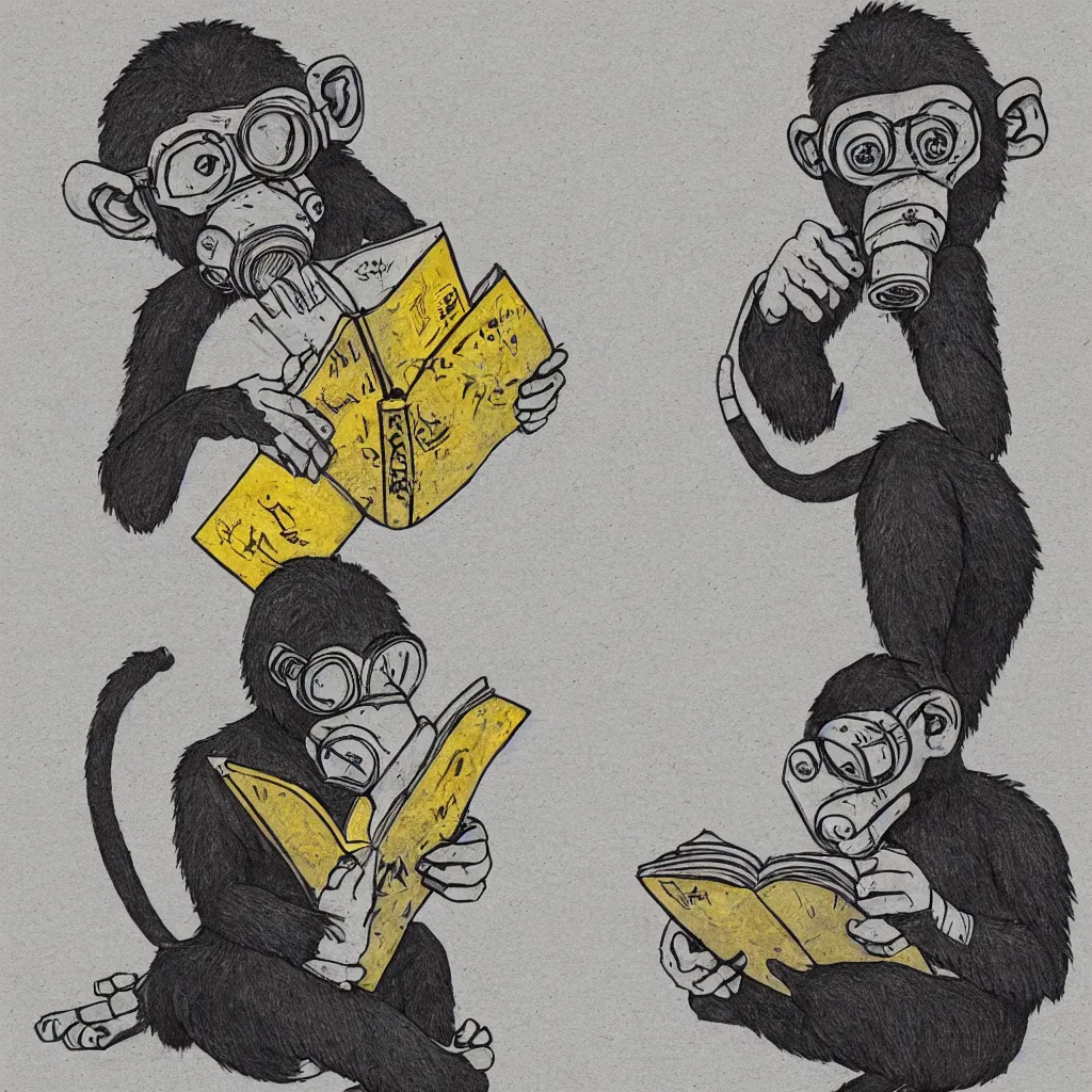 Image similar to Monkey reading a book, wearing a gas mask, graffiti, symbol, minimal, minimalism, edge to edge, solid color background intricate, highly detailed, smooth, sharp focus, detailed face, high contrast