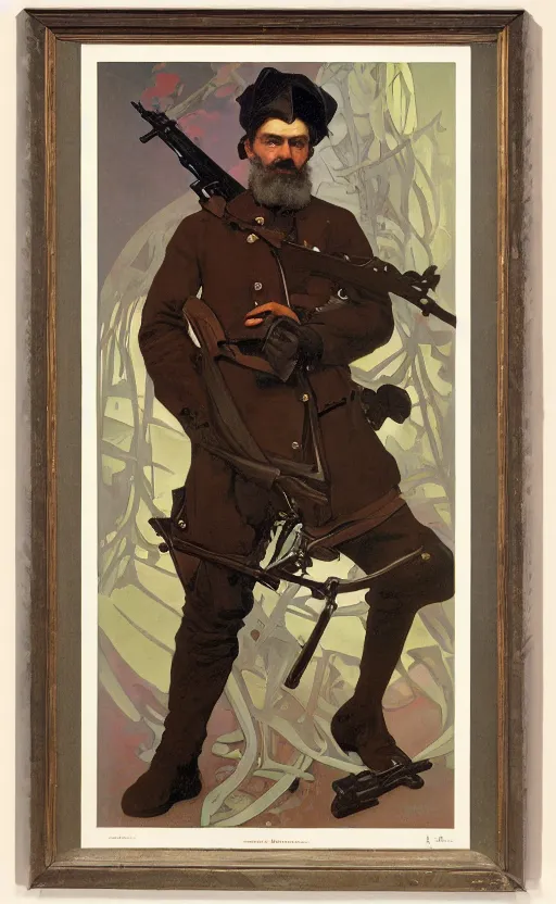 Image similar to portrait of John Brown holding a rifle, lithograph by Alphonse Mucha and Greg Rutkowski and David Lozeau