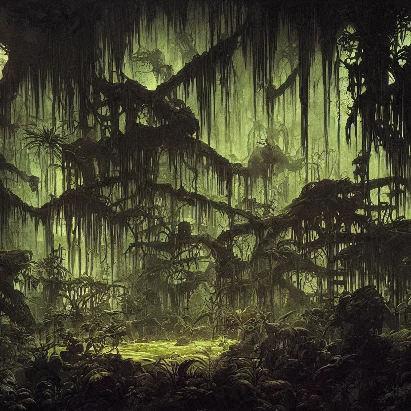 Prompt: dark baroque neoclassicist halls overgrown with swamplife. close - up view, detailed iridescent textures. glowing fog, dark black background. highly detailed fantasy science fiction painting by moebius, norman rockwell, frank frazetta, and syd mead. rich colors, high contrast