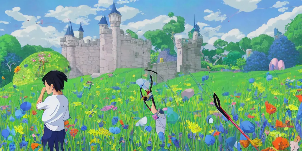 Prompt: a young boy practicing archery in the backyard of a castle, illustration, digital art, flat painting, vivid colors, flat colors, cinematic, surreal, wide angle, made by chiho aoshima, inspired by studio ghibli, trending on artstation, detailed