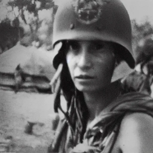 Prompt: Giorgia Meloni in the Vietnam war, historical photo, 35 mm, documentary photo