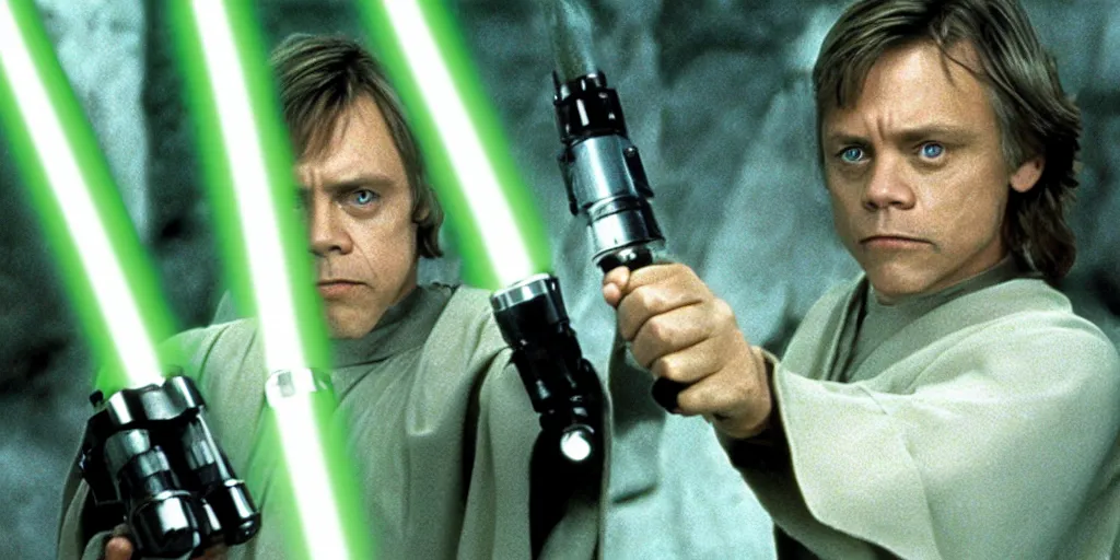 Image similar to a still from a film featuring clean shaven mark hamill as jedi master luke skywalker, holding a green lightsaber by the hilt, 3 5 mm, directed by steven spielberg, 1 9 9 4