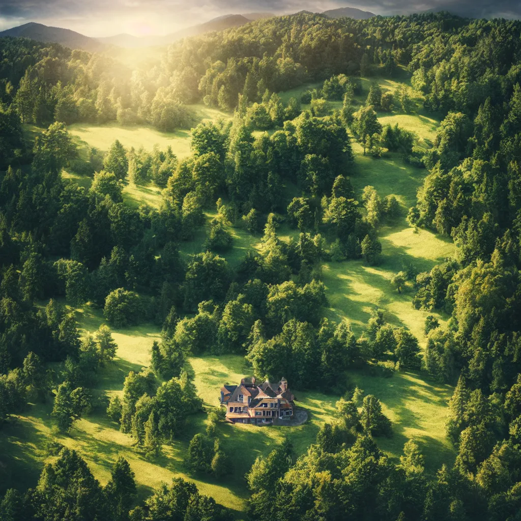 Image similar to beautiful landscape, home on the top of a hill surrounded by trees, natural lighting, 35mm photography, highly detailed, 8K, artgerm, cgsociety, warm lighting