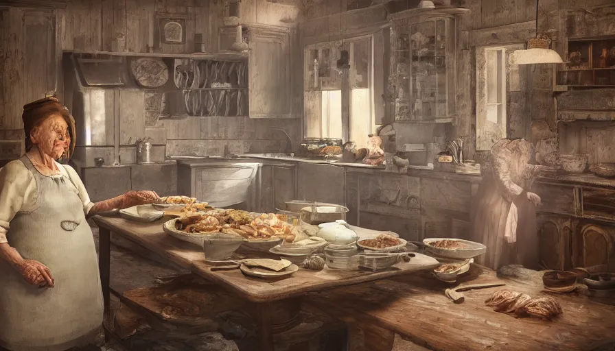 Image similar to old russian lady cooking in her old 1 9 0 0's kitchen, old house, old wooden table, pan and plates, hyperdetailed, artstation, cgsociety, 8 k