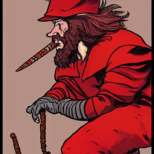 Prompt: rackham the red podcasting, in the style of moebius