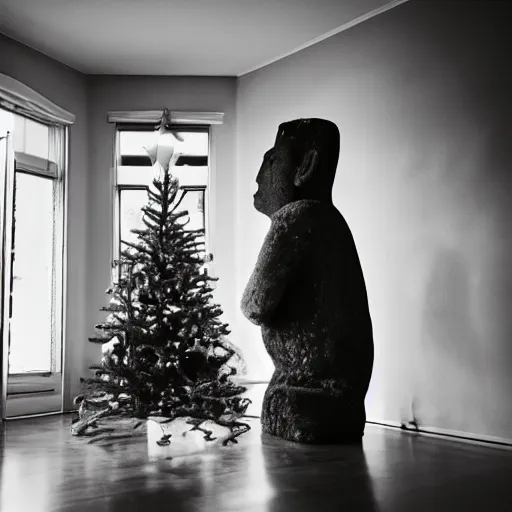 Image similar to a kid at christmas disappointed and sad that his present was a giant moai statue, his hands buried in his face, sitting down. | inside of a house next to a christmas tree, large present in the back