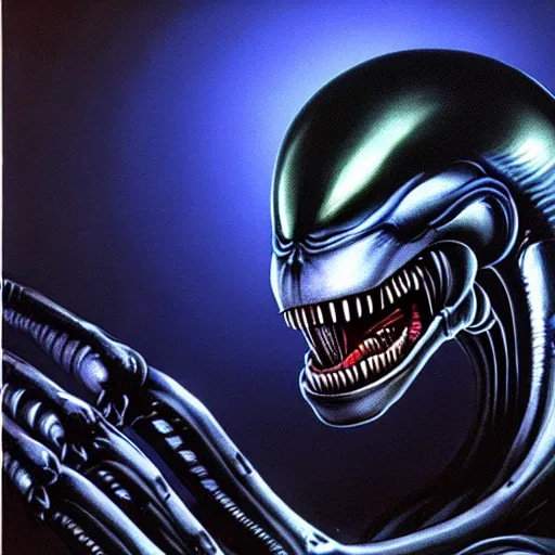 Prompt: a xenomorph looking menacingly at the camera, dramatic blue lighting, night, painted by h. r. giger