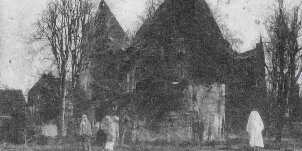 Image similar to scary unproportionable tall ghost creature in the middle of a village, 1900s picture