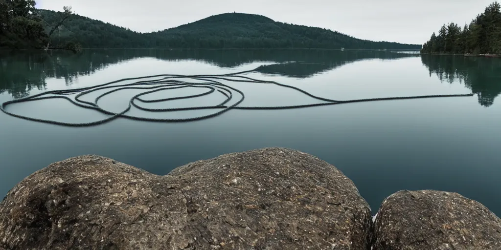 Prompt: centered photograph of a single thick infinitely long rope zig zagging snaking across the surface of the water into the distance, floating submerged rope stretching out towards the center of the lake, a dark lake on a cloudy day, color film, rocky shore foreground and trees in the background, hyper - detailed photo, anamorphic lens