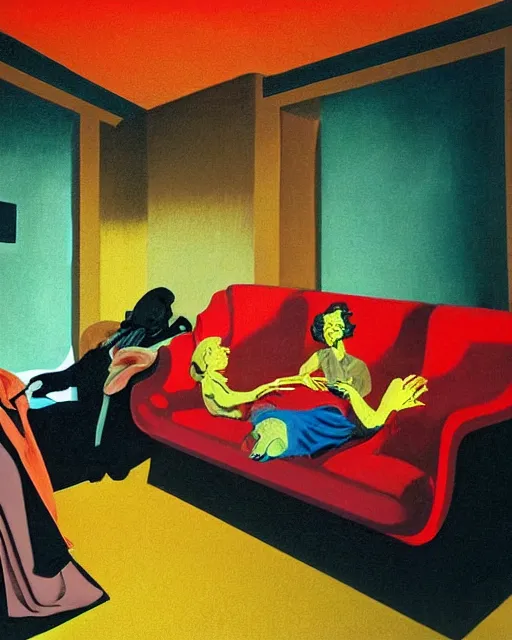 Image similar to old dead couple sitting on a couch and a dark figure crying in the corner with clouds at red and yellow art deco interior room in the style of Francis Bacon and Syd Mead, open ceiling, highly detailed, painted by Francis Bacon and Edward Hopper, painted by James Gilleard, surrealism, airbrush, very coherent, triadic color scheme, art by Takato Yamamoto and James Jean