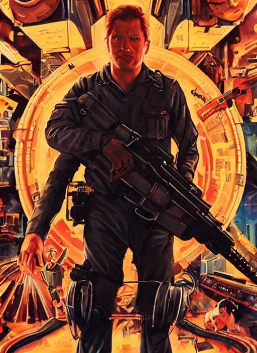 Prompt: a movie poster with a man holding a sci - fi gun, poster art by drew struzan, cgsociety, retrofuturism, reimagined by industrial light and magic, poster art, movie poster