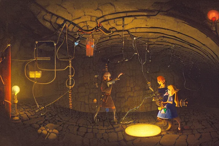 Image similar to illustration of zelda and link exploring a underground mechanical labyrinth, pipes, string lights, by Vermeer, fisheye lens