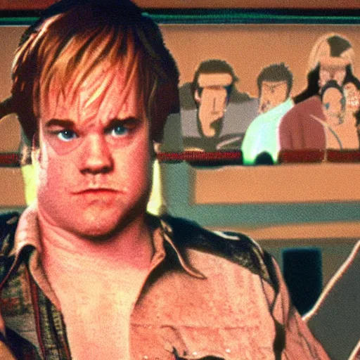 Image similar to portrait of philip seymour hoffman in double dragon video game splash screen