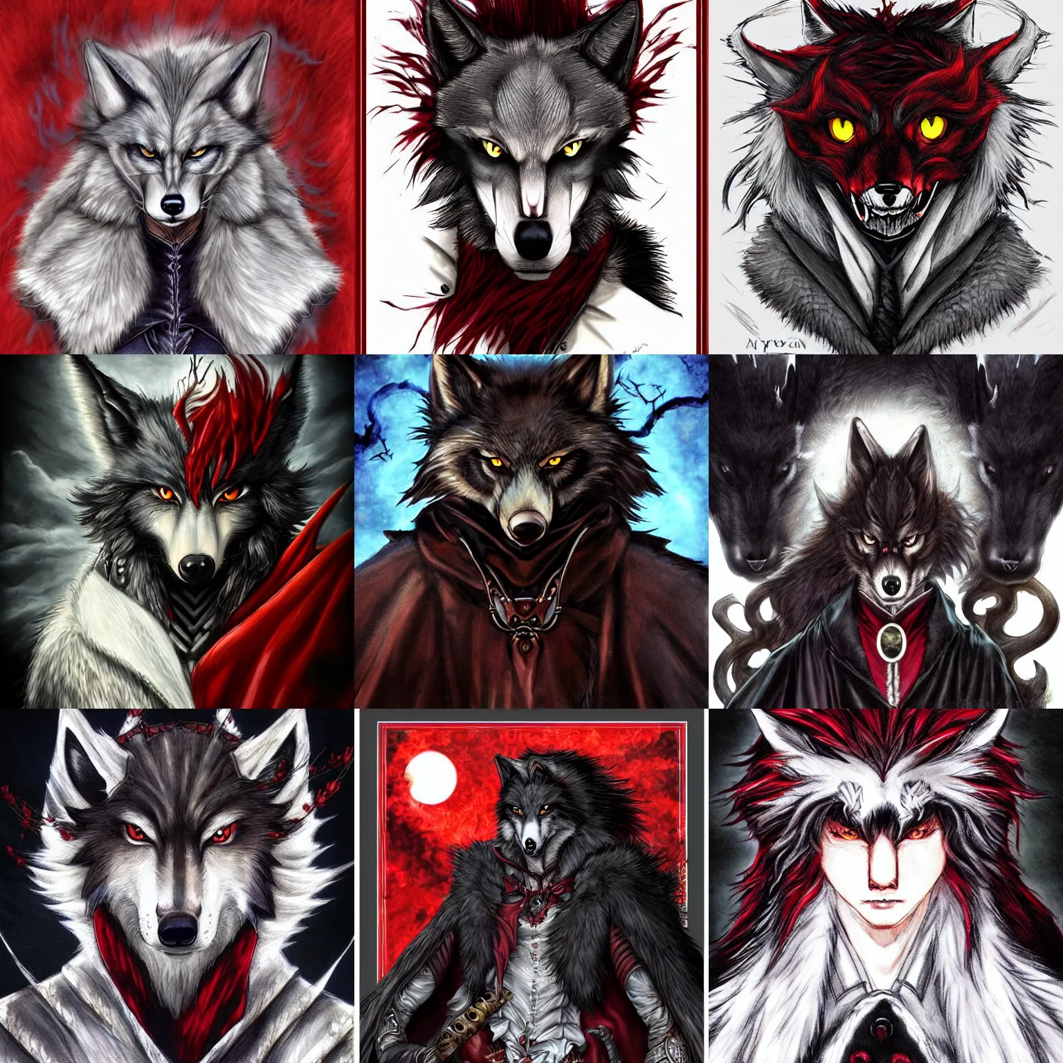 Prompt: a portrait of an anthropomorphic wolf, furry fursona, black cape, long fangs, by ayami kojima, castlevania symphony of the night, correct wolf muzzle, full body, large red eyes!!!
