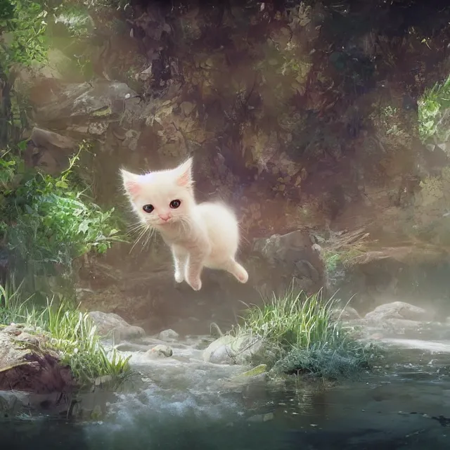 Image similar to a painting of a cute kitten at a river catching fish. disney character design by cory loftis, fenghua zhong, ryohei hase, ismail inceoglu and ruan jia. volumetric light, detailed, rendered in octane