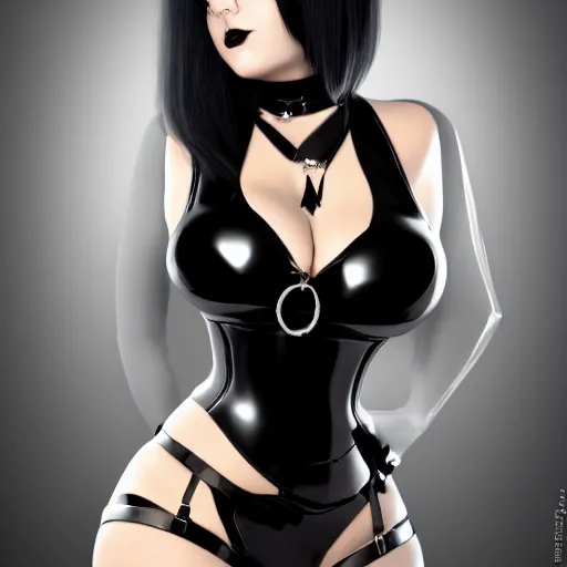 Prompt: curvy feminine goth woman with dignified elaborate tight black-silver nylon and latex outfit, black choker necklace, inviting posture, photorealistic, cgsociety, sublime, 16k, smooth, sharp focus, ArtStation, hyperdetailed, volumetric lighting