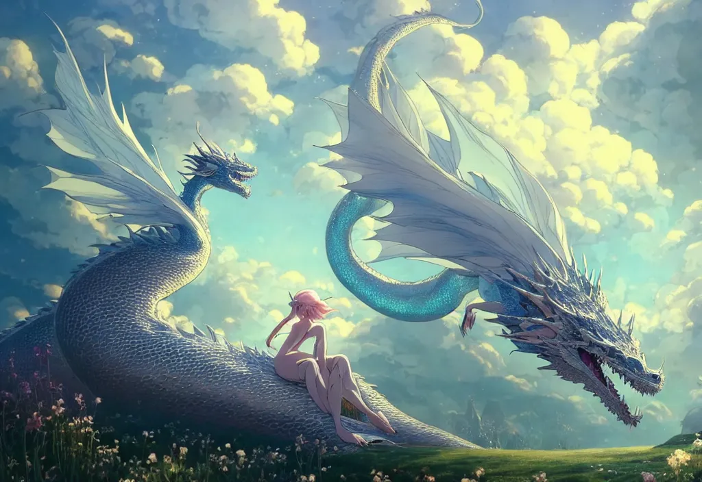 Image similar to the beautiful hyper detailed scene render that a lonely single beautiful girl lies in the arms of a huge silver dragon alone in the fairyland surrounded by white clouds, in the style of makoto shinkai victo ngai and peter mohrbacher studio ghibli artgerm karol bak beeple, cinematic, absolutely beautiful, ultra wide angle, animation style, 8 k hd