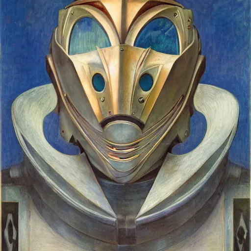 Prompt: the last guest in her Art Deco robot mask, by Annie Swynnerton and Diego Rivera, symbolist, dramatic lighting, elaborate geometric ornament, god rays, soft cool colors,smooth, sharp focus, extremely detailed, Adolf Wölfli